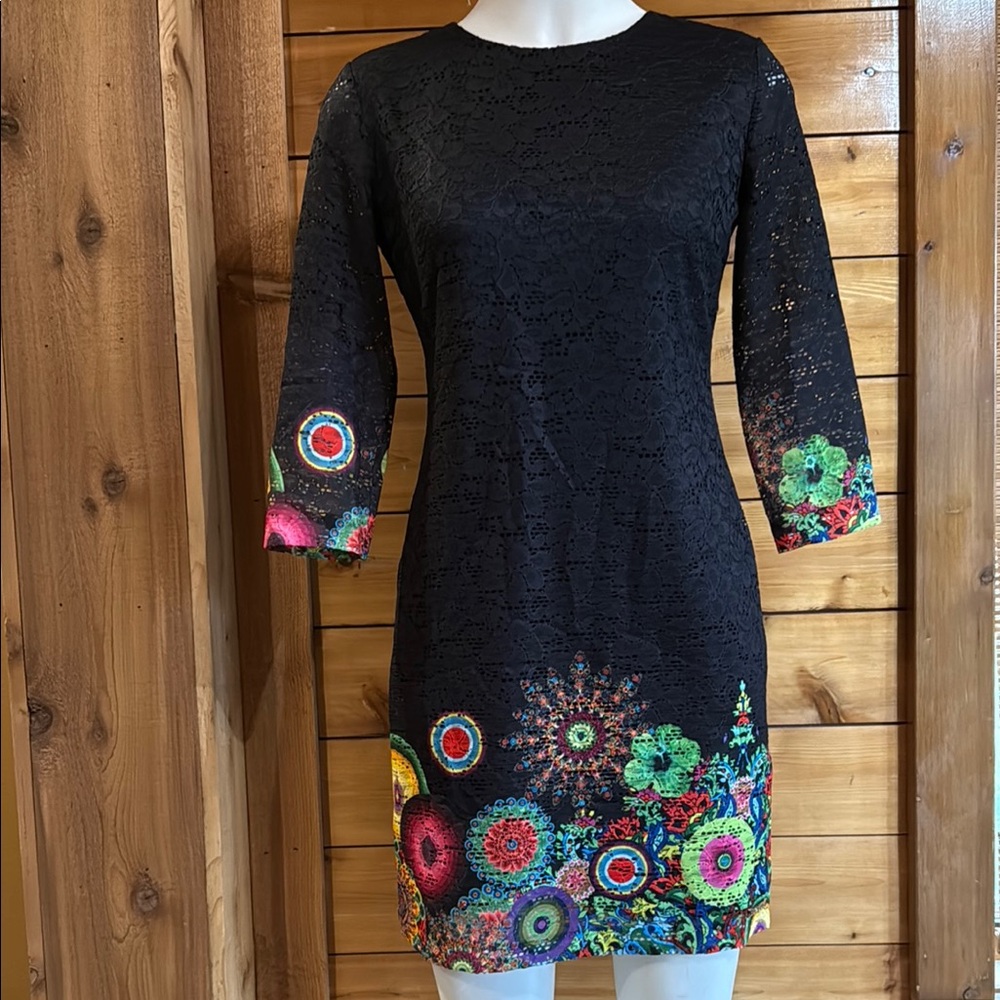 Black Lace Dress with Colorful Floral Embroidery